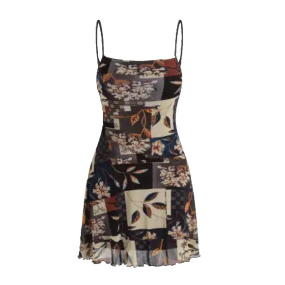 Cider Floral Leaf Print Mesh Ruffle Dark Fairy Whimisgoth Patchwork Mini Dress - Picture 1 of 8